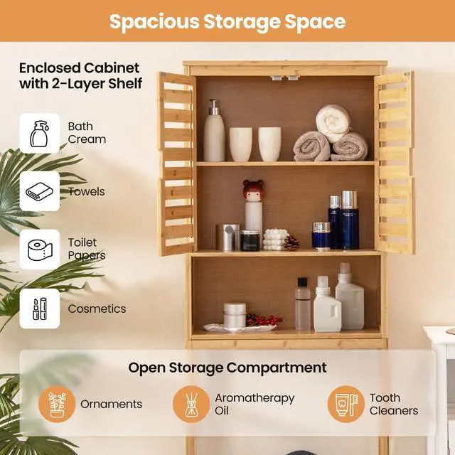 Alt view image 7 of 7 - SlickBlue Bamboo Over The Toilet Storage Cabinet Bathroom with Adjustable Shelf