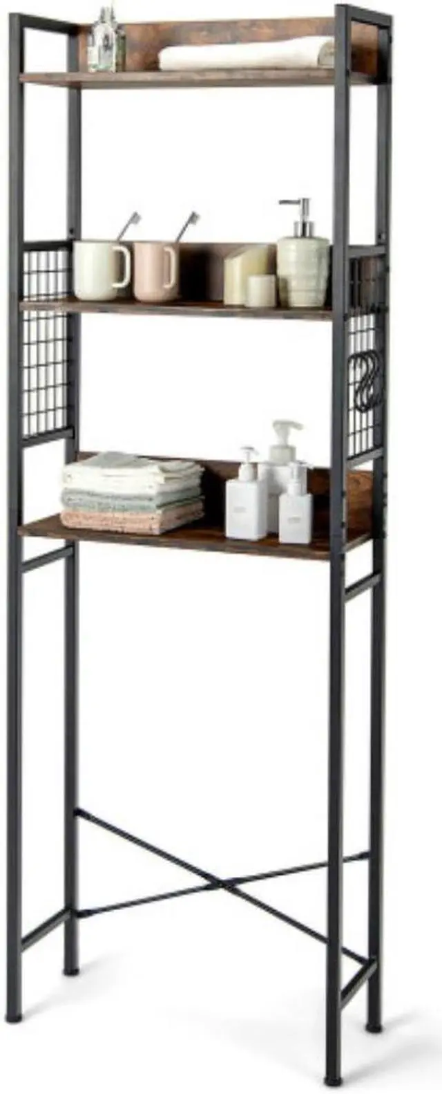 Main image of 3-Tier Over-the-Toilet Storage Rack with 3 Hooks-Rustic Brown