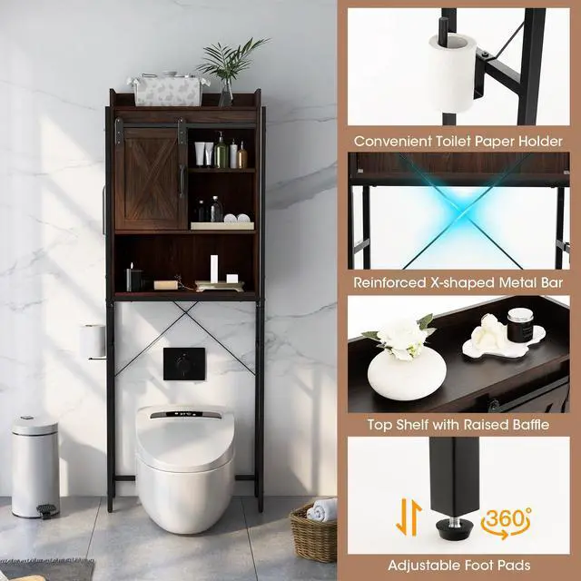 Alt view image 7 of 7 - SlickBlue 4-Tier Multifunctional Toilet Sorage Cabinet with Adjustable Shelf and Sliding Barn Door