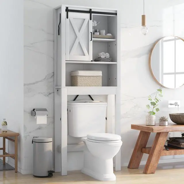 Alt view image 3 of 6 - 3-Tier Wodden Bathroom Cabinet with Sliding Barn Door and 3-position Adjustable Shelves-White