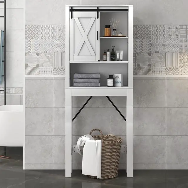 Alt view image 6 of 6 - 3-Tier Wodden Bathroom Cabinet with Sliding Barn Door and 3-position Adjustable Shelves-White