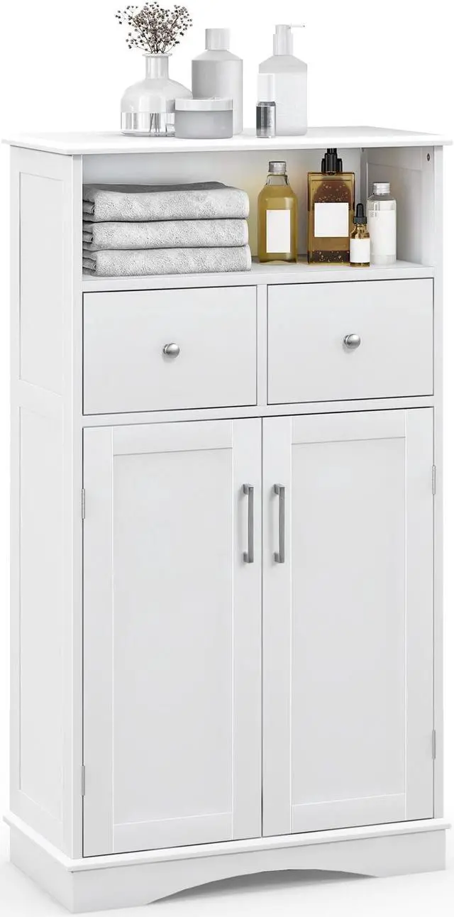 Main image of 2 Doors Freeestanding Bathroom Floor Cabinet with 2 Drawers and Adjustable Shelves-White