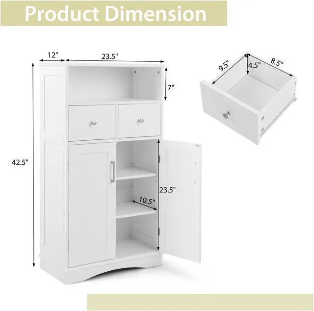 Alt view image 4 of 6 - 2 Doors Freeestanding Bathroom Floor Cabinet with 2 Drawers and Adjustable Shelves-White