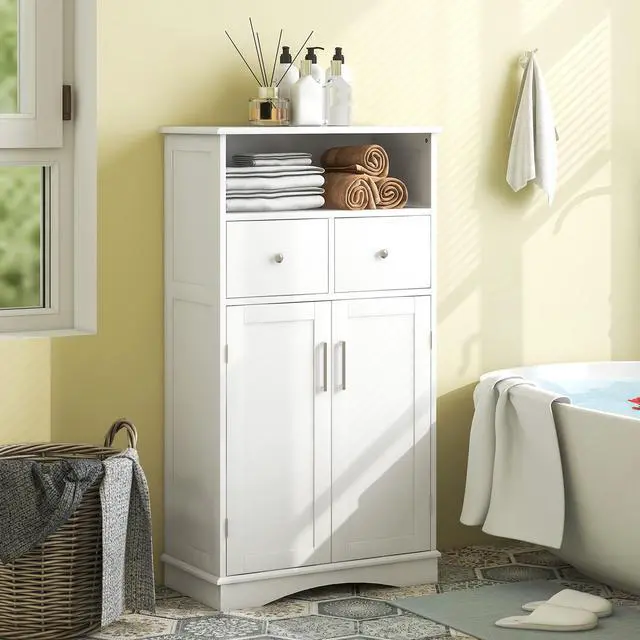 Alt view image 3 of 6 - 2 Doors Freeestanding Bathroom Floor Cabinet with 2 Drawers and Adjustable Shelves-White