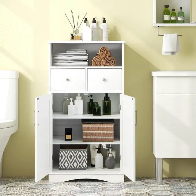 Alt view image 5 of 6 - 2 Doors Freeestanding Bathroom Floor Cabinet with 2 Drawers and Adjustable Shelves-White