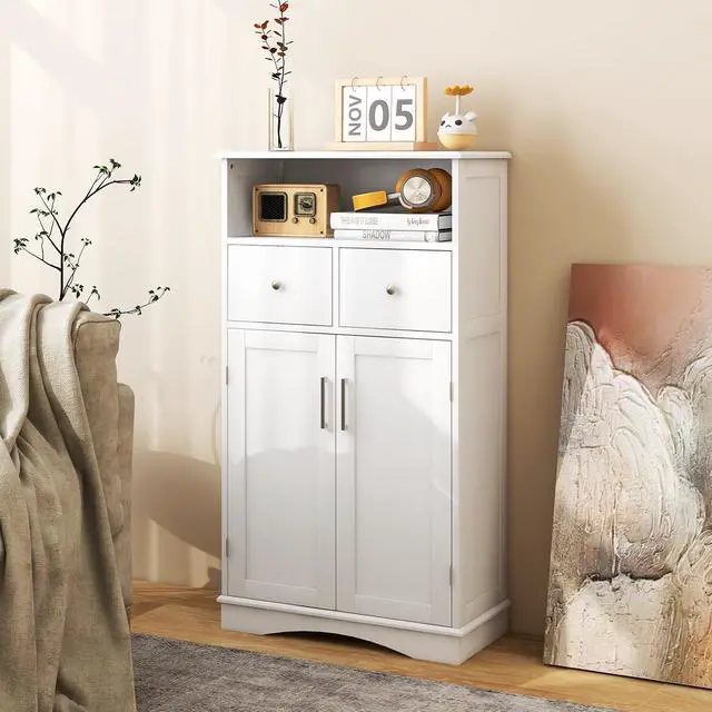 Alt view image 2 of 6 - 2 Doors Freeestanding Bathroom Floor Cabinet with 2 Drawers and Adjustable Shelves-White