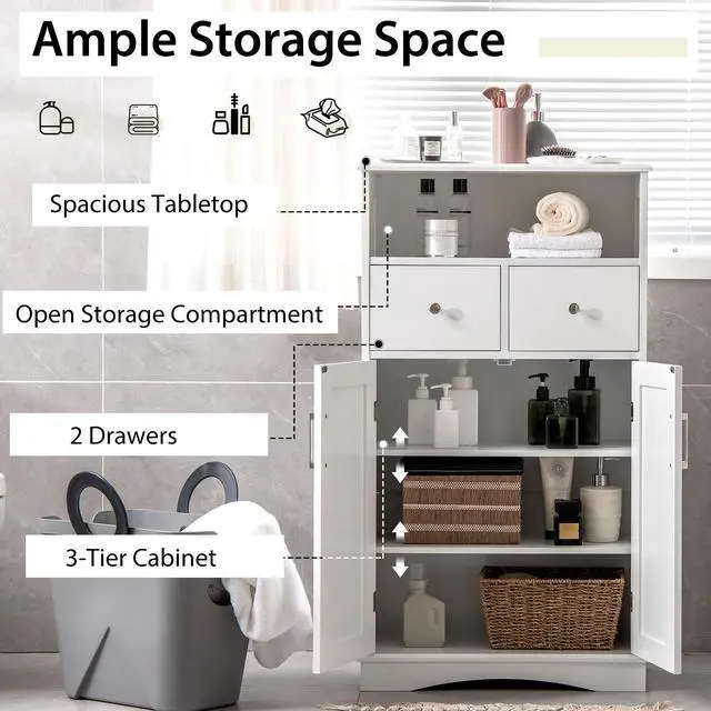 Alt view image 6 of 6 - 2 Doors Freeestanding Bathroom Floor Cabinet with 2 Drawers and Adjustable Shelves-White