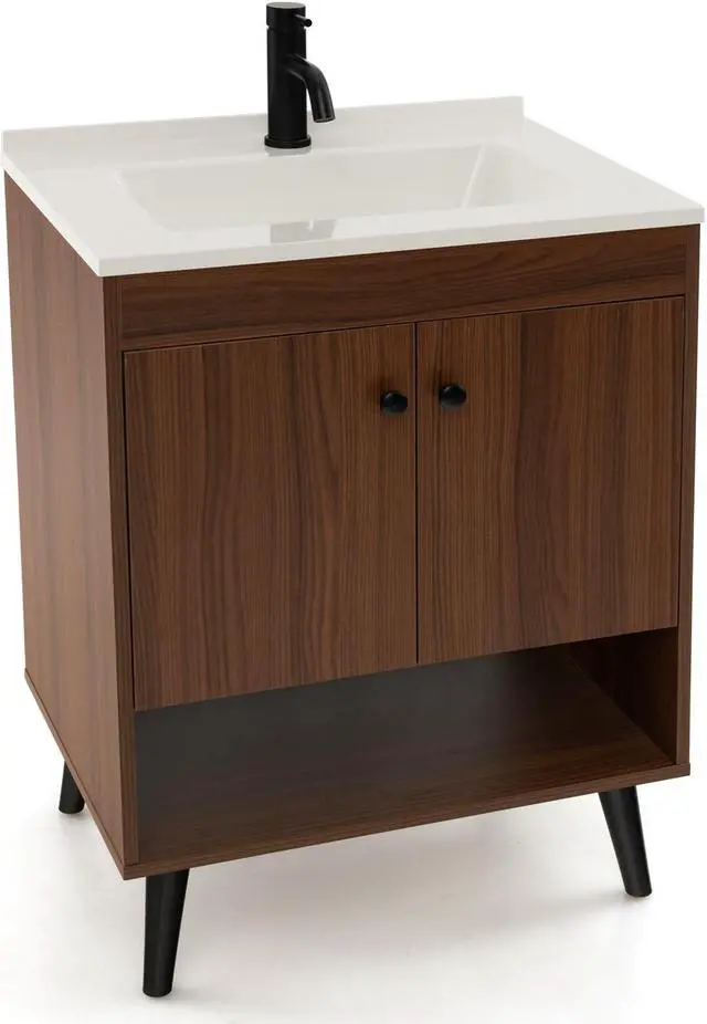 Main image of 25 Inch Wooden Bathroom Storage Cabinet with Sink-Walnut