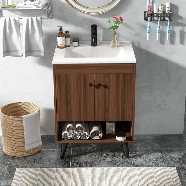Alt view image 5 of 6 - 25 Inch Wooden Bathroom Storage Cabinet with Sink-Walnut