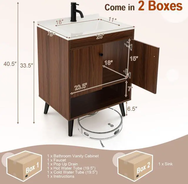 Alt view image 4 of 6 - 25 Inch Wooden Bathroom Storage Cabinet with Sink-Walnut