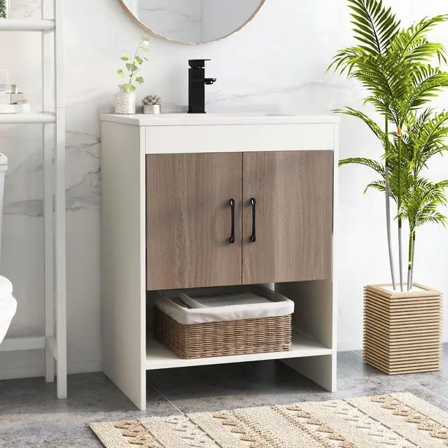 Alt view image 2 of 6 - 25 Inch Bathroom Vanity Sink Combo Cabinet with Doors and Open Shelf-Gray