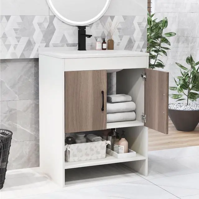Alt view image 3 of 6 - 25 Inch Bathroom Vanity Sink Combo Cabinet with Doors and Open Shelf-Gray