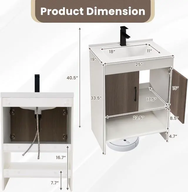 Alt view image 4 of 6 - 25 Inch Bathroom Vanity Sink Combo Cabinet with Doors and Open Shelf-Gray