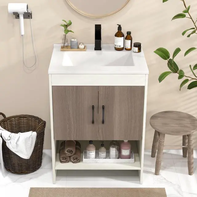 Alt view image 5 of 6 - 25 Inch Bathroom Vanity Sink Combo Cabinet with Doors and Open Shelf-Gray