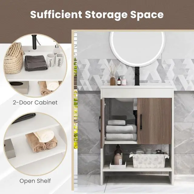 Alt view image 6 of 6 - 25 Inch Bathroom Vanity Sink Combo Cabinet with Doors and Open Shelf-Gray
