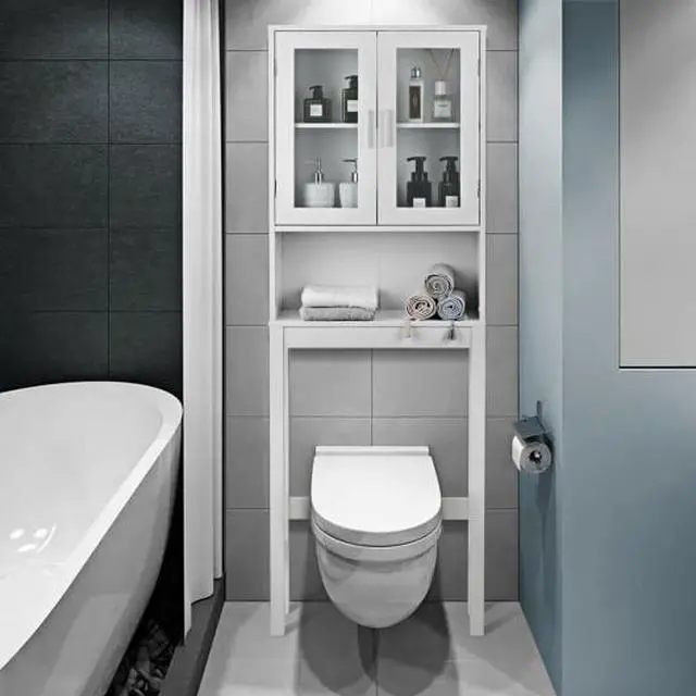 Alt view image 2 of 3 - Wooden over the toilet Storage Cabinet with Tower Rack