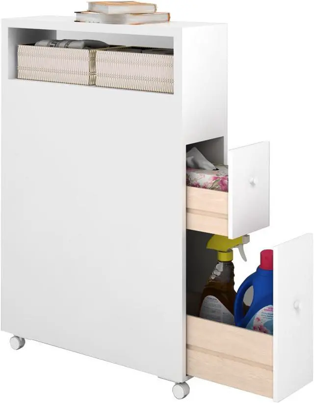 Alt view image 2 of 7 - Slim Bathroom Cabinet Wooden Toilet Organizer with Deep Slide Out Drawers
