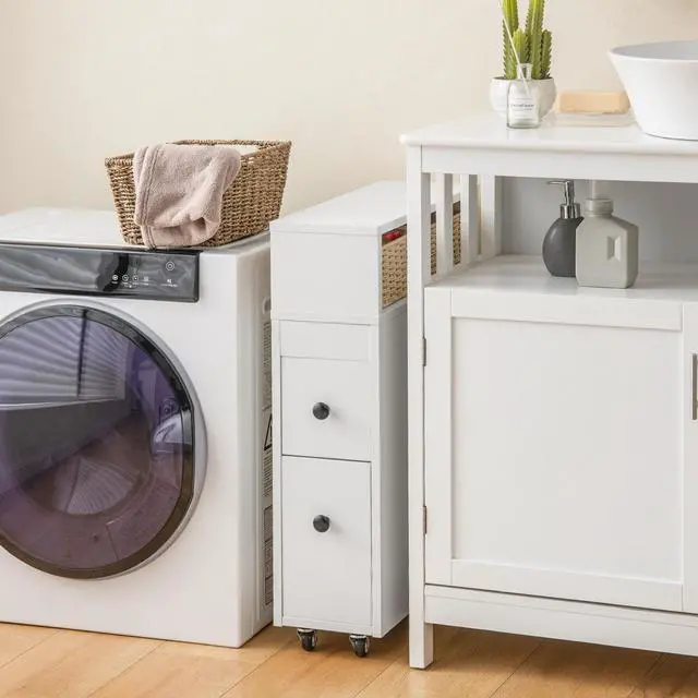 Alt view image 4 of 7 - Slim Bathroom Cabinet Wooden Toilet Organizer with Deep Slide Out Drawers