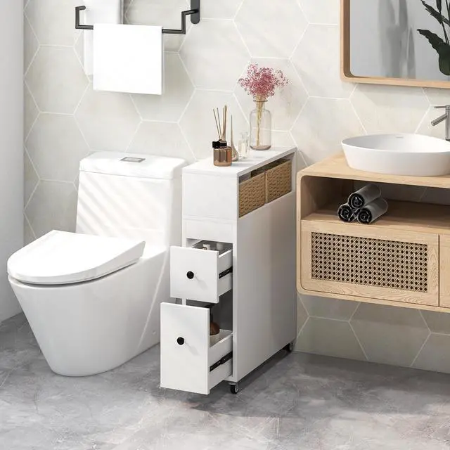 Alt view image 6 of 7 - Slim Bathroom Cabinet Wooden Toilet Organizer with Deep Slide Out Drawers