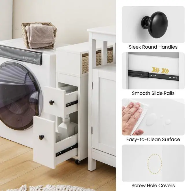 Alt view image 7 of 7 - Slim Bathroom Cabinet Wooden Toilet Organizer with Deep Slide Out Drawers