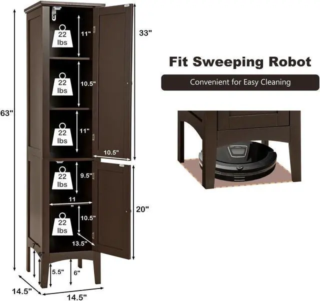 Alt view image 3 of 7 - Freestanding Bathroom Storage Cabinet for Kitchen and Living Room-Brown