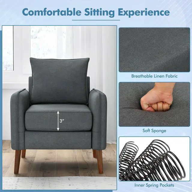 Alt view image 5 of 7 - Fabric Upholstered Sofa Chair with Removable Back and Seat Cushions-Gray