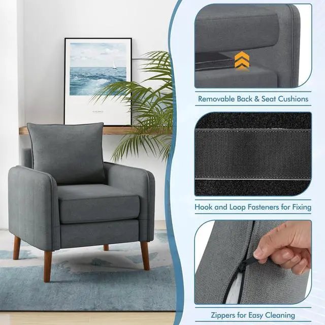Alt view image 7 of 7 - Fabric Upholstered Sofa Chair with Removable Back and Seat Cushions-Gray