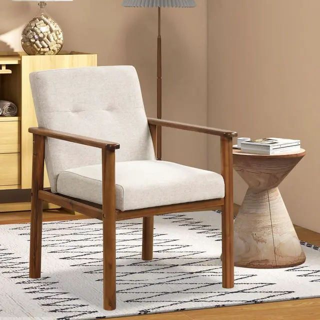 Alt view image 4 of 7 - Modern Accent Linen Fabric Armchair with Solid Wood Legs and Soft Cushioned Seat