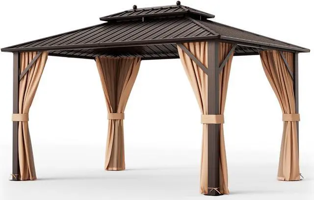 Alt view image 2 of 7 - 10x13ft Double-Roof Patio Hardtop Gazebo with Galvanized Steel Roof Netting and Curtains-Coffee
