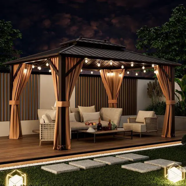 Alt view image 3 of 7 - 10x13ft Double-Roof Patio Hardtop Gazebo with Galvanized Steel Roof Netting and Curtains-Coffee