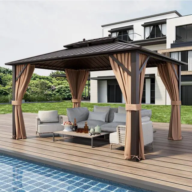 Alt view image 4 of 7 - 10x13ft Double-Roof Patio Hardtop Gazebo with Galvanized Steel Roof Netting and Curtains-Coffee