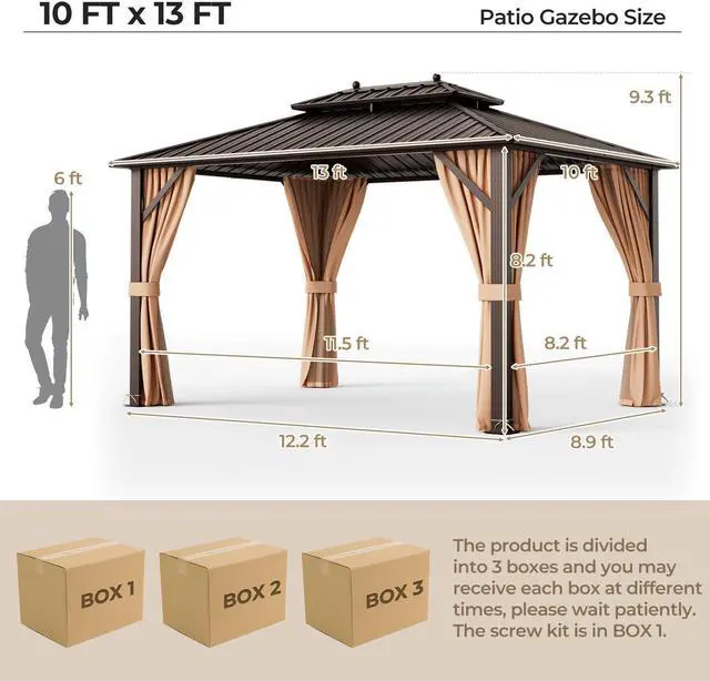 Alt view image 5 of 7 - 10x13ft Double-Roof Patio Hardtop Gazebo with Galvanized Steel Roof Netting and Curtains-Coffee