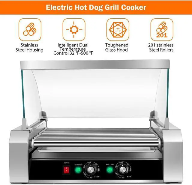 Alt view image 2 of 7 - Stainless Steel Commercial 11 Roller Grill and 30 Hot Dog Cooker Machine
