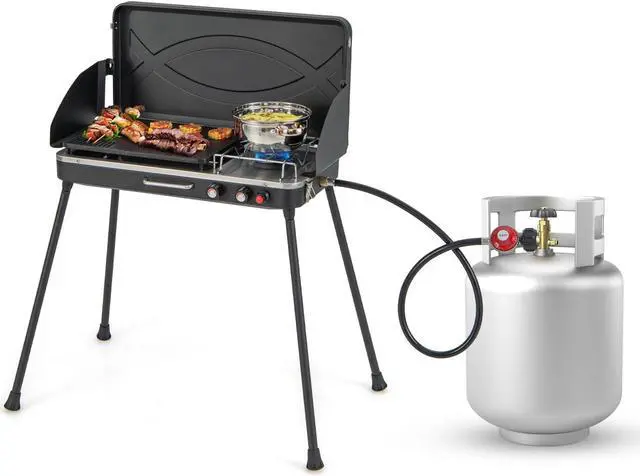 Alt view image 2 of 7 - 2-in-1 Gas Camping Grill and Stove with Detachable Legs-Black