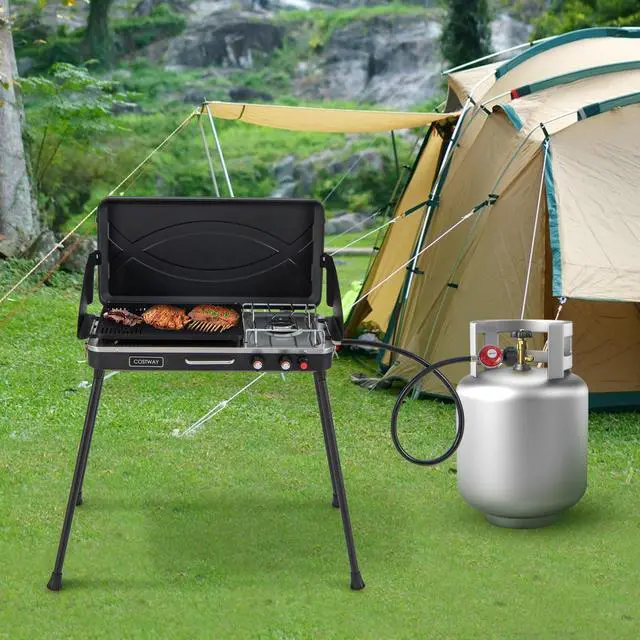 Alt view image 3 of 7 - 2-in-1 Gas Camping Grill and Stove with Detachable Legs-Black