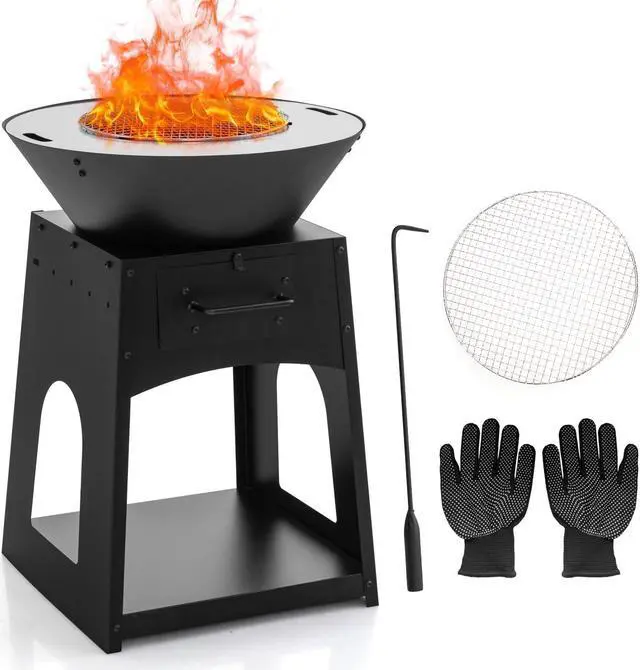 Alt view image 2 of 7 - Patio Fire Pit with Firewood Log Rack with Grill and Ash Box-Black