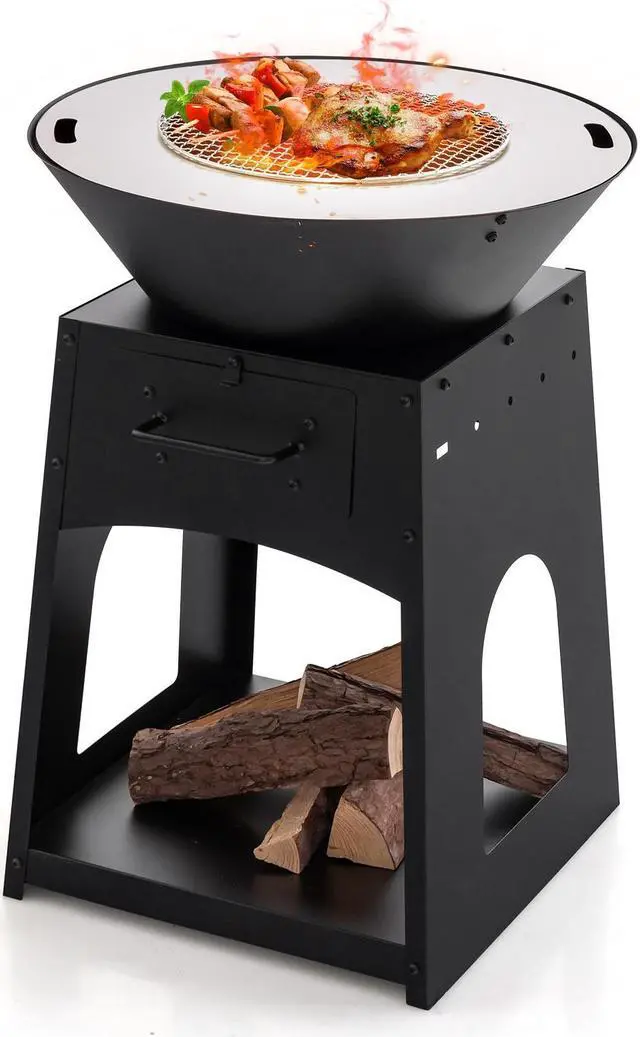 Main image of Patio Fire Pit with Firewood Log Rack with Grill and Ash Box-Black
