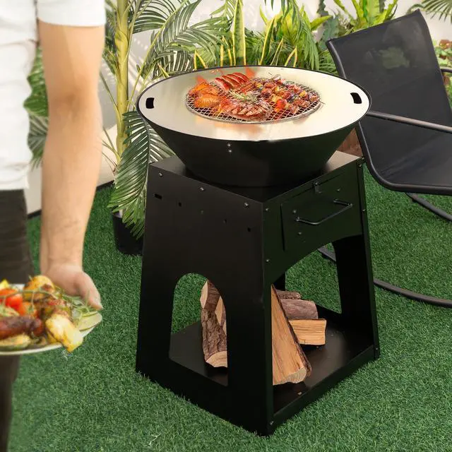 Alt view image 3 of 7 - Patio Fire Pit with Firewood Log Rack with Grill and Ash Box-Black