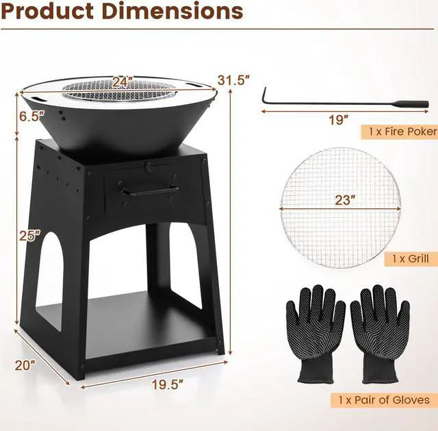 Alt view image 5 of 7 - Patio Fire Pit with Firewood Log Rack with Grill and Ash Box-Black
