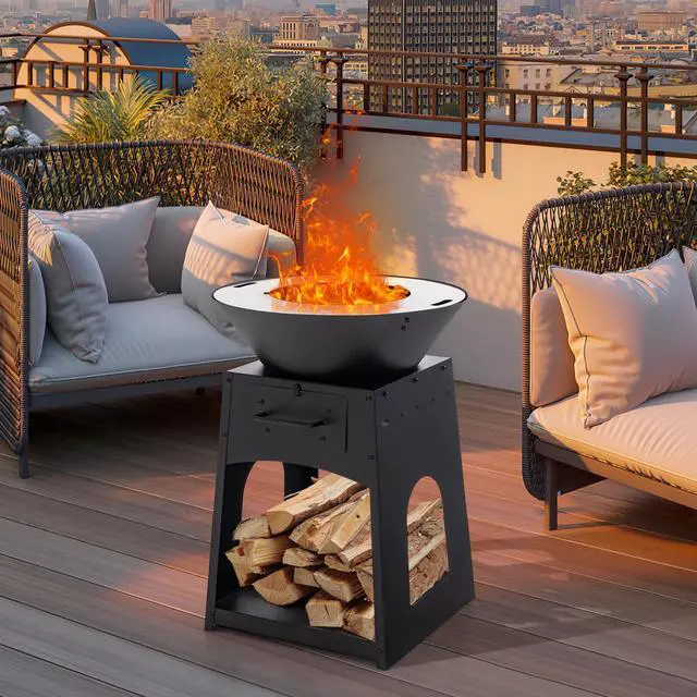 Alt view image 4 of 7 - Patio Fire Pit with Firewood Log Rack with Grill and Ash Box-Black