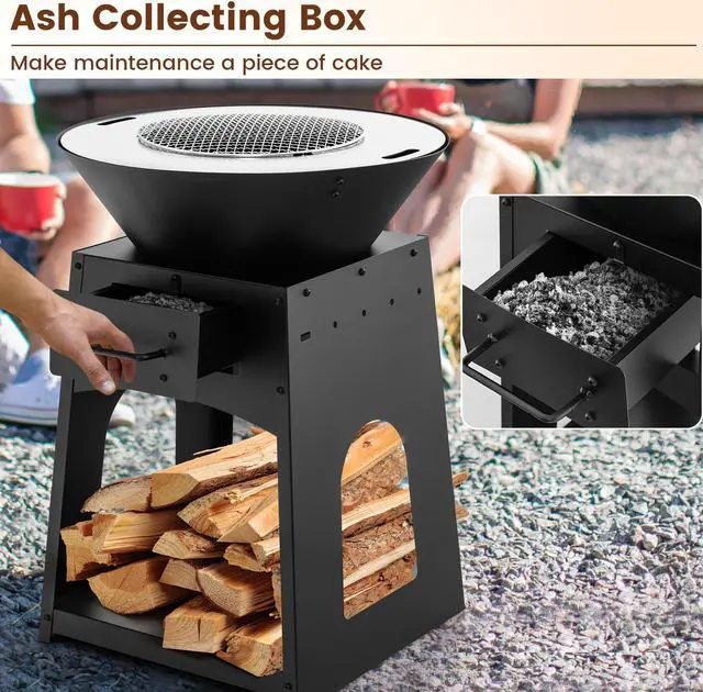Alt view image 7 of 7 - Patio Fire Pit with Firewood Log Rack with Grill and Ash Box-Black