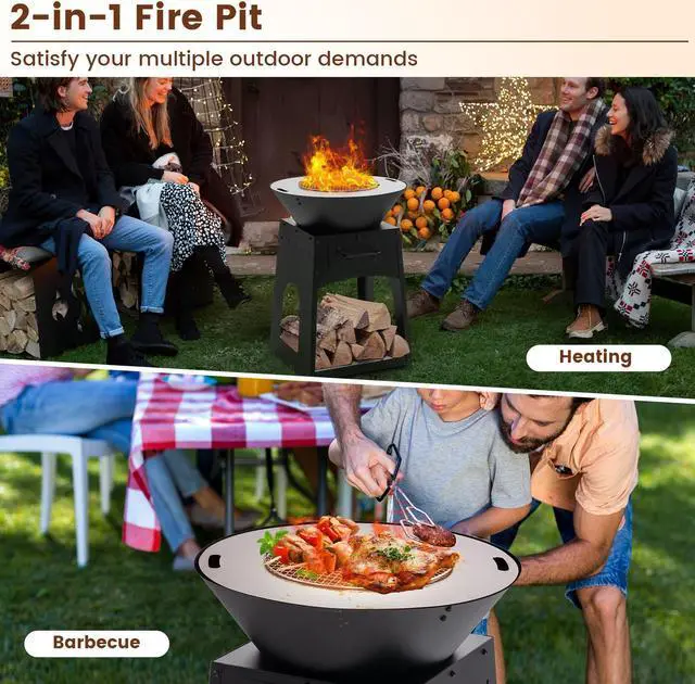 Alt view image 6 of 7 - Patio Fire Pit with Firewood Log Rack with Grill and Ash Box-Black