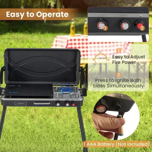Alt view image 6 of 7 - 2-in-1 Gas Camping Grill and Stove with Detachable Legs-Black