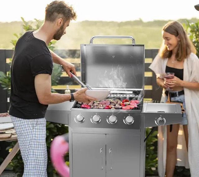 Alt view image 3 of 7 - 50000BTU 5-Burner Propane Gas Grill with Side Burner and 2 Prep Tables-Silver