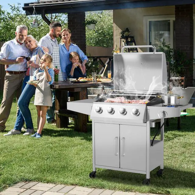 Alt view image 4 of 7 - 50000BTU 5-Burner Propane Gas Grill with Side Burner and 2 Prep Tables-Silver