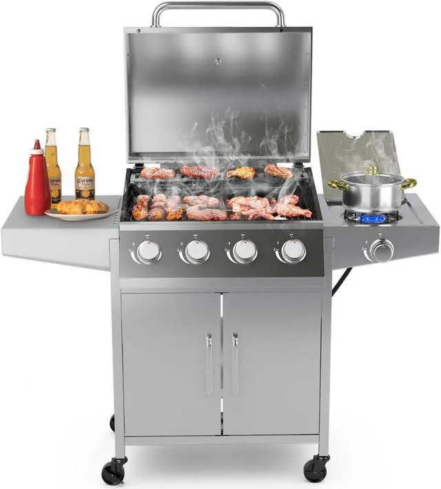 Alt view image 6 of 7 - 50000BTU 5-Burner Propane Gas Grill with Side Burner and 2 Prep Tables-Silver