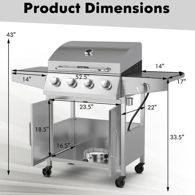 Alt view image 5 of 7 - 50000BTU 5-Burner Propane Gas Grill with Side Burner and 2 Prep Tables-Silver
