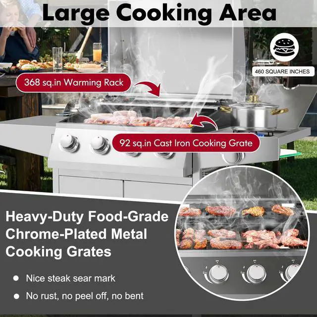 Alt view image 7 of 7 - 50000BTU 5-Burner Propane Gas Grill with Side Burner and 2 Prep Tables-Silver