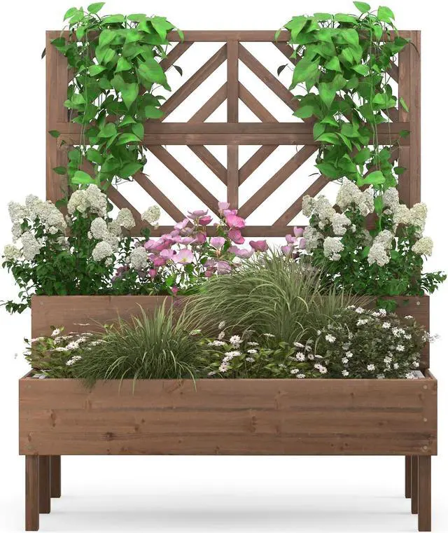 Alt view image 2 of 7 - 2-Tier Raised Garden Bed with Trellis-Brown