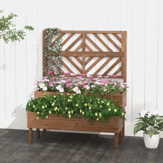 Alt view image 3 of 7 - 2-Tier Raised Garden Bed with Trellis-Brown